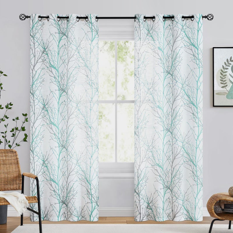 FMFUNCTEX Linen Semi Sheer Curtains for Bedroom, Auqa Blue White Curtains 96 Inches Long for Living Room, Grey Tree Branch Patterned Curtain Light Filtering Window Drapes, Grommet Top 2 Panels - Image 2
